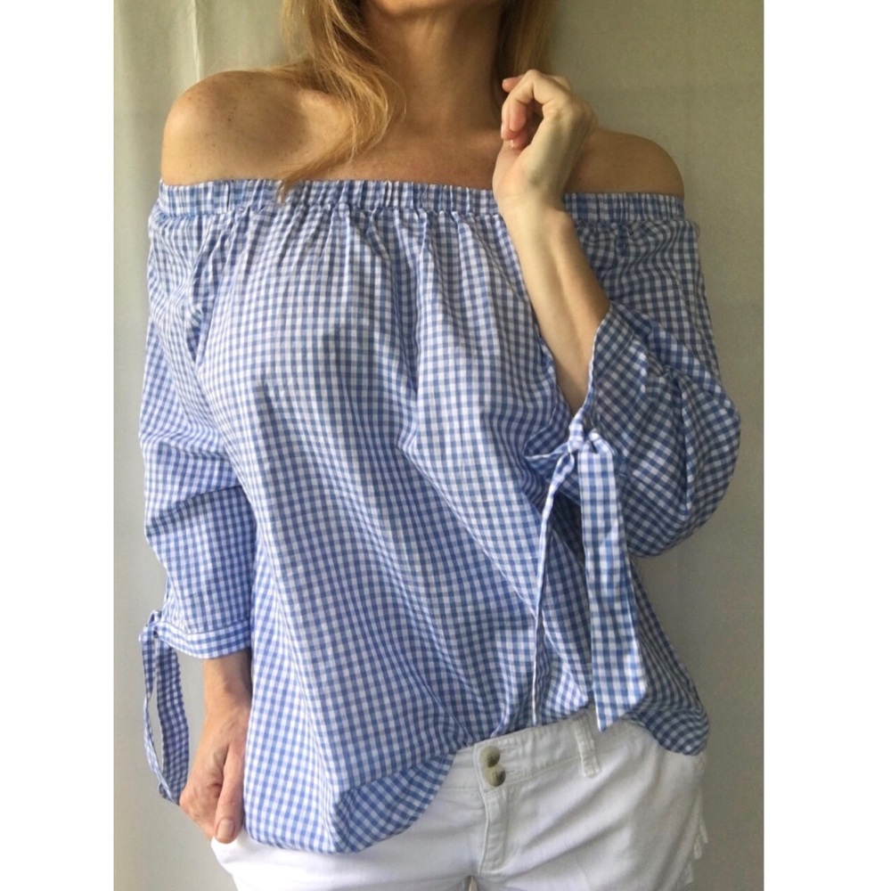 Blue and White off the shoulder checkered top